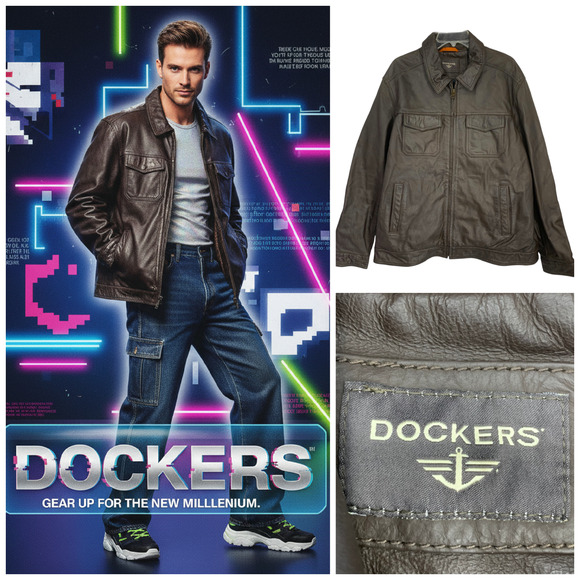 Vintage Dockers Men's Sz XXL Brown Leather Jacket Snap Pockets Quilted Lining